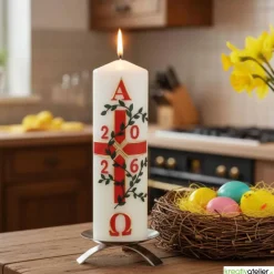 Clearance Garten des Lebens – Festliche Osterkerze handverziert mit Blumenranke, Kreuz & Alpha/Omega, christliche Echtwachskunst Osterkerzen