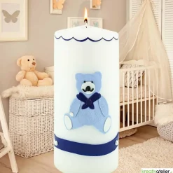 Clearance Geburtskerze personalisierbar mit blauem Bärchen, Geschenk Geburt mit Namen, Geburt Jungen, Babygeschenk blau Geschenke