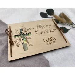 Online Geldgeschenk aus Holz , personalisiertes Geldgeschenk zur Kommunion, Kommuniongeschenk, Geschenk Taufpaten, Holzkarte Geldgeschenke