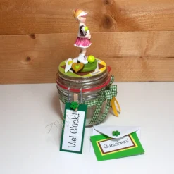 Glückwunschkarten|Trödel Dings da Geldgeschenk Gutschein Tennis Tenniskurs oder Zubehör Geschenkglas personalisierbar für Mädchen
