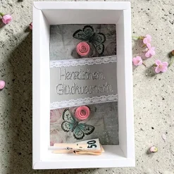 Outlet Geschenkbox Vintage – Verpackung für Geldgeschenk mit Papierrosen, Herzlichen Glückwunsch Geschenkverpackungen
