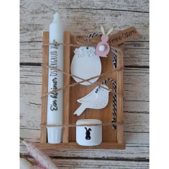 New Geschenkbox zu Ostern "Ostergruß" ~ Stabkerze mit Kerzenhalter in Holzbox aus Eiche ~ Osterdeko Osterkerzen