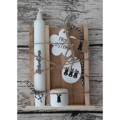 Sale Geschenkbox zu Ostern "Osterkerze" ~ Stabkerze mit Kerzenhalter in Holzbox aus Eiche ~ Raysin Deko Hase Osterkerzen