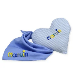 Online Geschenkset bestehend aus Herzkissen + Halstuch mit Namen personalisiertes Geschenk zur Geburt Taufe Geburtstagsgeschenk Accessoires