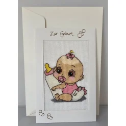 Discount Gestickte Grußkarte "Zur Geburt", Klappkarte, Handarbeit Glückwunschkarten