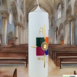 Osterkerzen|Kreativatelier A & V Glanz der Auferstehung – Handverzierte Osterkerze mit Kreuz, Sonne, Kachel-Motiven & Alpha/Omega