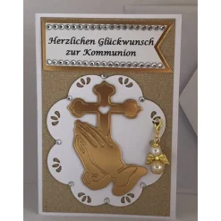 Best Glückwunsch Karte zur Kommunion mit abnehmbaren Schutzengel weiß/gold und Strass, Grußkarte Glückwunschkarten