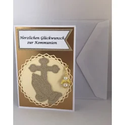 Online Glückwunsch Karte zur Kommunion mit abnehmbaren Schutzengel weiß/gold Grußkarte Glückwunschkarten