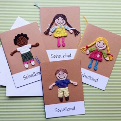 Discount Glückwunschkarte Geldgeschenk Schulanfang mit gehäkeltem Schulkind mit Wunschtext Kinder Glückwunschkarten