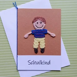 Discount Glückwunschkarte Geldgeschenk Schulanfang mit gehäkeltem Schulkind mit Wunschtext Kinder Glückwunschkarten
