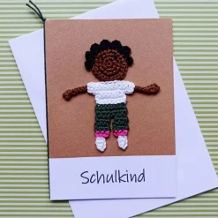 Discount Glückwunschkarte Geldgeschenk Schulanfang mit gehäkeltem Schulkind mit Wunschtext Kinder Glückwunschkarten