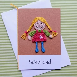 Discount Glückwunschkarte Geldgeschenk Schulanfang mit gehäkeltem Schulkind mit Wunschtext Kinder Glückwunschkarten