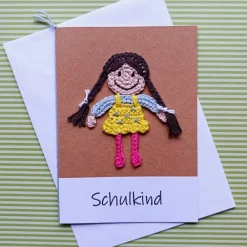 Discount Glückwunschkarte Geldgeschenk Schulanfang mit gehäkeltem Schulkind mit Wunschtext Kinder Glückwunschkarten