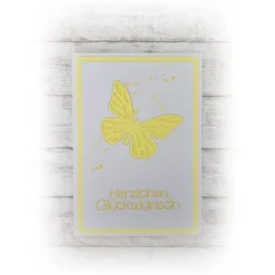 Glückwunschkarte "Herzlichen Glückwunsch" mit Schmetterling, in hellem gelb, Handmade Glückwunschkarten