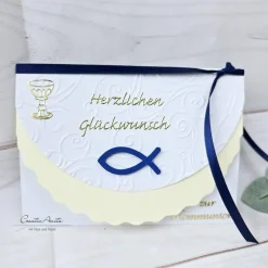Clearance Glückwunschkarte Weiß-Creme Holzfisch blau-gold zur Kommunion Glückwunschkarten