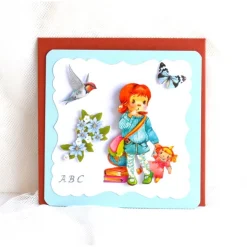 Glückwunschkarten|Geschenke und Keramik Glückwunschkarte zum Schulanfang Mädchen mit Puppe hellblau-rostrot (5)