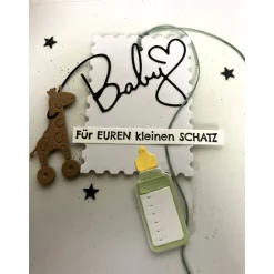 Glückwunschkarten|UniKart Glückwunschkarte zur Geburt/Taufe Mädchen Junge , 3D ,Bunt mit Trinkfläschchen,Giraffe, Sternen, Handarbeit 15x15 cm