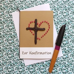 Sale Glückwunschkarte zur Konfirmation Kommunion Firmung mit gehäkeltem Kreuz und Herz gestickt Glückwunschkarten