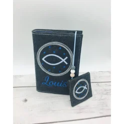 Sale Gotteslobhülle + Rosenkranztasche Fisch im Kreis Hülle Geschenk Kommunion Set Firmung Geschenkidee personalisiert Gotteslobhülle
