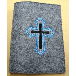 Sale Gotteslobhülle Einband graumeliert Filz 3mm blau weiß Kreuz anthrazit Kommunion Name Datum Hülle Umschlag bestickt Gotteslobhülle