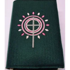 Outlet Gotteslobhülle Einband handgefertigt Filz 3mm petrol Kreuz Kreise Strahlen rosa personalisierbar Name und Datum bestickt Gotteslobhülle