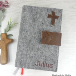 Sale Gotteslobhülle Filz grau mit Kork, personalisiert – Bibelhülle & Gesangbuchhülle als Geschenk zur Kommunion, Konfirmation, Firmung Gastgeschenke