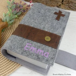 Best Gotteslobhülle Filz grau personalisiert – Bibelhülle mit Kork, Geschenk zur Konfirmation & Erstkommunion Gastgeschenke