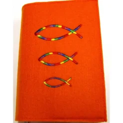 Hot Gotteslobhülle handgefertigt Filz 3mm orange bunte Regenbogenfischen personalisierbar Name und Datum bestickt Gotteslobhülle