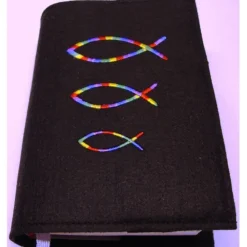 Discount Gotteslobhülle handgefertigt Filz 3mm schwarz Regenbogenfische bunte Fische personalisierbar Name und Datum bestickt Gotteslobhülle