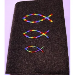 New Gotteslobhülle handgefertigt Filz 3mm anthrazit Regenbogenfische bunte Fischen personalisierbar Name und Datum bestickt Gotteslobhülle