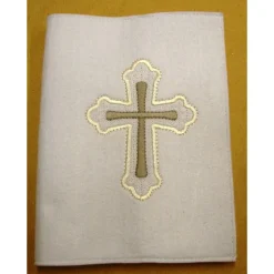 Outlet Gotteslobhülle handgefertigt Filz 3mm weiss Kreuz grau beige gold personalisierbar Name und Datum bestickt Gotteslobhülle