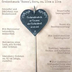 Outlet Grabdekoration, Schiefer-Herz mit Rosen-Motiv, Grabschmuck mit Wunschtext, Grabschild, personalisierbar Gedenksteine