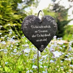 Outlet Grabdekoration, Schiefer-Herz mit Rosen-Motiv, Grabschmuck mit Wunschtext, Grabschild, personalisierbar Gedenksteine