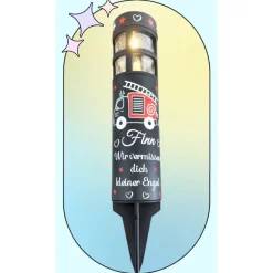 Best Grabschmuck Solarleuchte personalisiert mit süßen Feuerwehrauto Motiv, grableuchte solar sternenkind Trauerkerzen