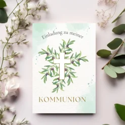 New Grünes Kommunionseinladungskarten-Set 10er-Pack, Kommunionskarte mit Olivenzweigen, Einladung Erstkommunion Einladungskarten