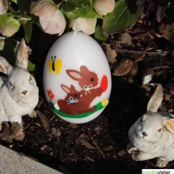 Outlet große Ostereikerze in weiß mit Hasenmutter, Hasenkind und bunten Ostereiern verziert, Osterdeko, Ostergeschenk Osterkerzen