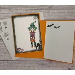 Outlet Grußkarte / Glückwunschkarte zu Halloween, „kleine Hexe gratuliert zum Geburtstag“, Fledermäuse, Handarbeit, Stampin‘Up! Accessoires