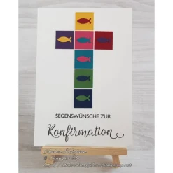 Sale Grußkarte: Segenswünsche zur Konfirmation ~ Kreuz aus bunten Quadraten mit Fischen ~ 10,5 x 14,85 cm Glückwunschkarten