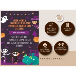 Accessoires|Herzblutmaedl Gruselige Halloween Haus Deko - Türschild mit Skelett Motiv als Print in DIN A4 | Einzigartige Halloween Dekoration | Ki