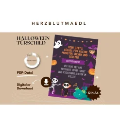 Accessoires|Herzblutmaedl Gruselige Halloween Haus Deko - Türschild mit Skelett Motiv als Print in DIN A4 | Einzigartige Halloween Dekoration | Ki