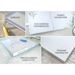 Gästebuch & Album zur Taufe mit Wolken im Aquarell in Hellblau personalsiert mit Name; blanko o. mit Fragen Fotoalbum & Gästebuch