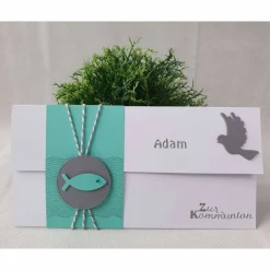 Online Gutschein- oder Geldgeschenkverpackung Kommunion - Konfirmation - Taufe, Weiß-Mint-Grau mit Fischen Geldgeschenke