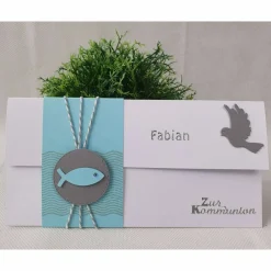 Clearance Gutschein- oder Geldgeschenkverpackung Kommunion - Konfirmation - Taufe, Weiß-Hellblau-Grau mit Fischen Geldgeschenke