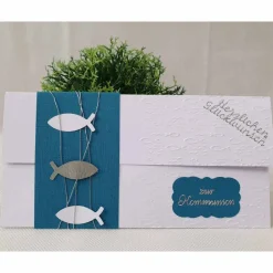 Best Gutschein- oder Geldgeschenkverpackung Kommunion - Konfirmation - Taufe, Weiß-Petrol mit Fischen Geldgeschenke