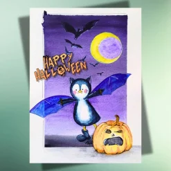 Clearance Halloween-Postkarte – Lustiger Pinguin als Fledermaus auf Kraftpapier Einladungskarten