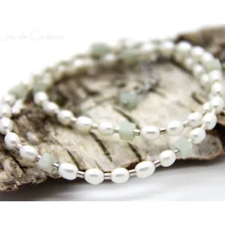Sale Halskette in Weiß aus Süßwasserzuchtperlen sowie Amazonit-Würfelchen in Lindgrün, auch als Brautschmuck, Accessoire Brautschmuck