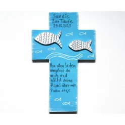 Hot Handbemaltes 3D Holzkreuz mit Fisch – Taufgeschenk Jungen & Kommunion | Individuelles Patengeschenk Geschenke