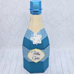 New Handgemachte 3D Geschenkbox "Sektflasche" Maritim | Verpackung für Reise-Gutscheine & Geld | Blau-Türkis | Ca. 21cm Geschenkverpackungen