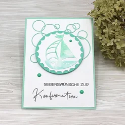 Clearance Handgemachte Glückwunschkarte zur Konfirmation in Mint & Weiß mit Boot-Motiv – Unikat für Jungen & Mädchen Glückwunschkarten
