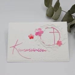 Clearance Handgemachte Kommunionskarte Mädchen – Kreuz im Kreis, rosa-pink, Aquarell, Unikat Glückwunschkarten